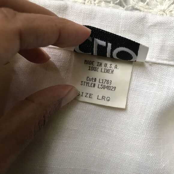 Vintage 90s Off White Linen Short Sleeve Crochet Cottage Core Top L - Picture 8 of 8